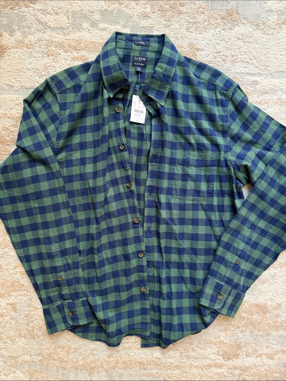 J. Crew Men’s Blue and Green Flannel Button-Down Shirt - Slim Fit - Size XL
